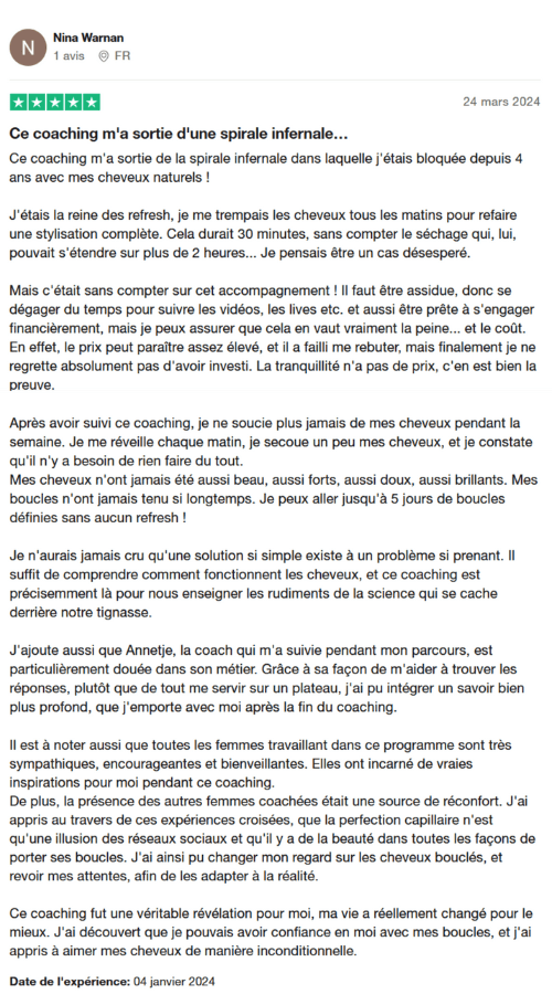 témoignage écrit de nina après le coaching capillaire blooming girls
