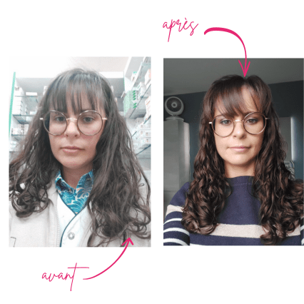 Transformation capillaire d'Amandine après un coaching pour cheveux bouclés