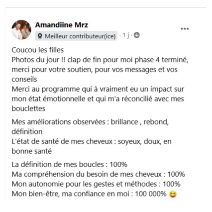 les résultats sur les cheveux bouclés d'Amandine après le coaching capillaire